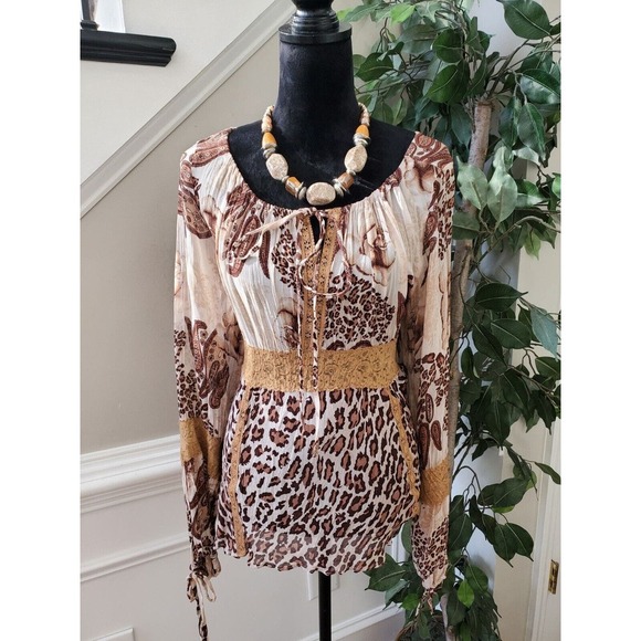 American Angel Women's Beige & Brown Rayon Round Neck Long Sleeve Top Blouse 1X - Picture 1 of 12